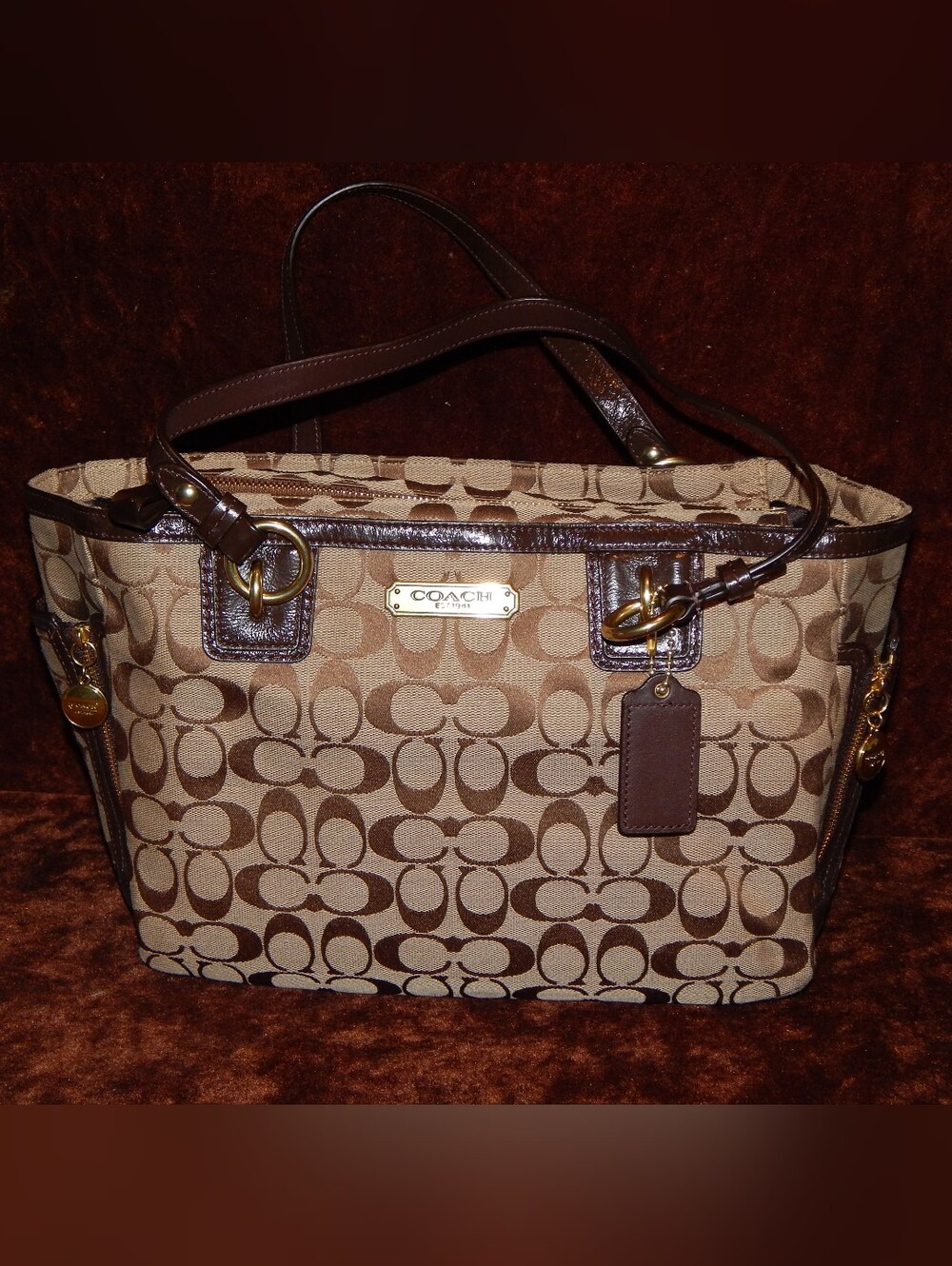 Coach Brown Signature Jacquard Tote with Dark Brown Leather Trim